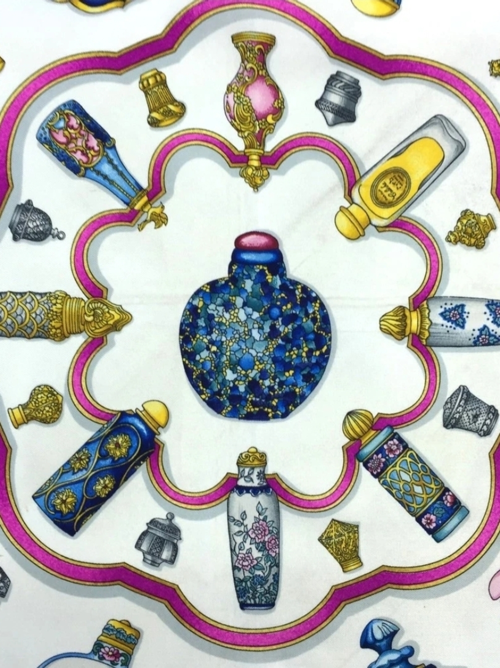 HERMÈS Qu'importe le flacon Silk Scarf 90cm Perfume Bottles Black Pink Vintage - Picture 7 of 9